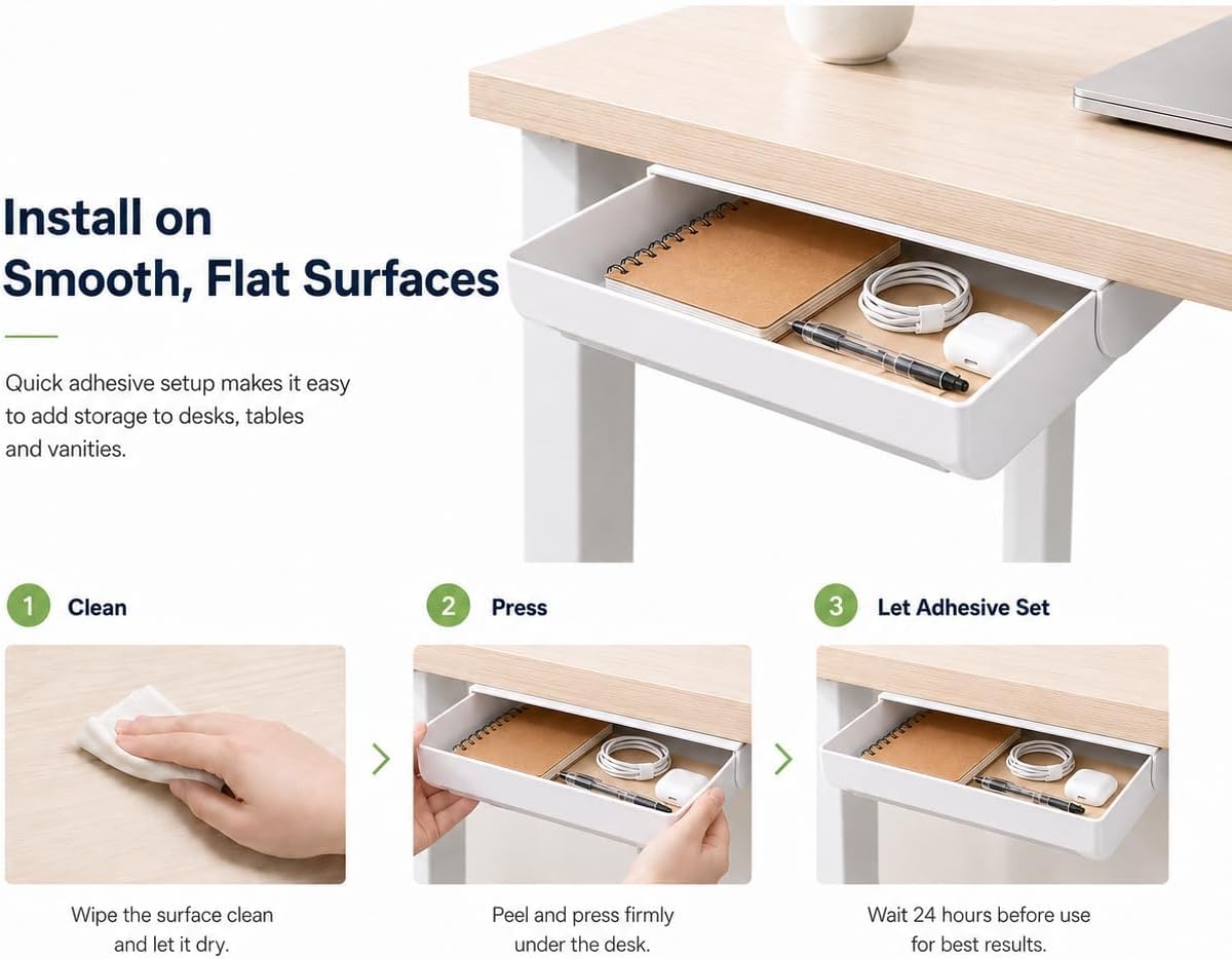 Under Desk Drawer Organizer, 2 Pack Self Adhesive Slide Out Desk Storage Drawers, Hidden Desk Drawer Attachment for Pens, Notes, Cables, Earbuds and Small Office Accessories