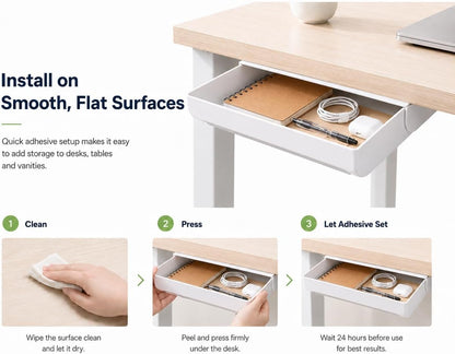 Under Desk Drawer Organizer, 2 Pack Self Adhesive Slide Out Desk Storage Drawers, Hidden Desk Drawer Attachment for Pens, Notes, Cables, Earbuds and Small Office Accessories