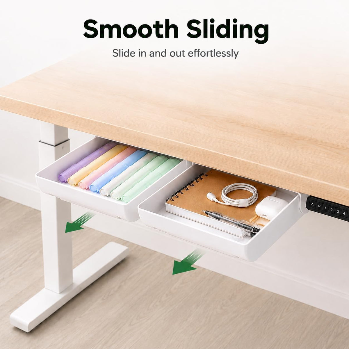 Under Desk Drawer Organizer, 2 Pack Self Adhesive Slide Out Desk Storage Drawers, Hidden Desk Drawer Attachment for Pens, Notes, Cables, Earbuds and Small Office Accessories
