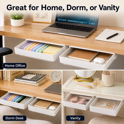 Under Desk Drawer Organizer, 2 Pack Self Adhesive Slide Out Desk Storage Drawers, Hidden Desk Drawer Attachment for Pens, Notes, Cables, Earbuds and Small Office Accessories