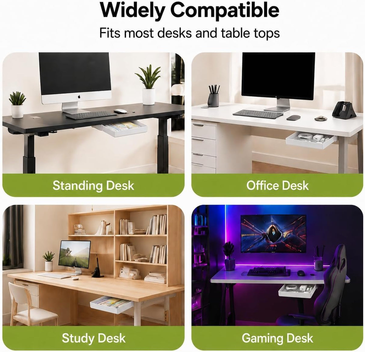 Under Desk Drawer Organizer, 2 Pack Self Adhesive Slide Out Desk Storage Drawers, Hidden Desk Drawer Attachment for Pens, Notes, Cables, Earbuds and Small Office Accessories