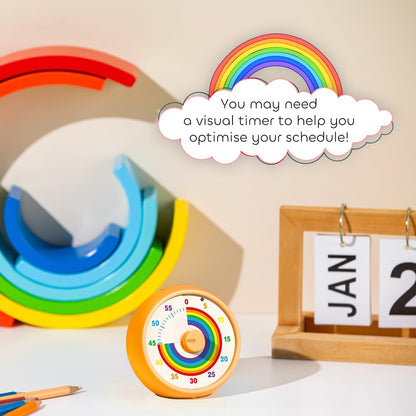 Visual Timer for Kids, 60-Minute Countdown Timer for Classroom Office Kitchen, Desk Timer Kids Time Management Tools with Silent Operation, Pomodoro Time Rainbow Pattern (Orange)