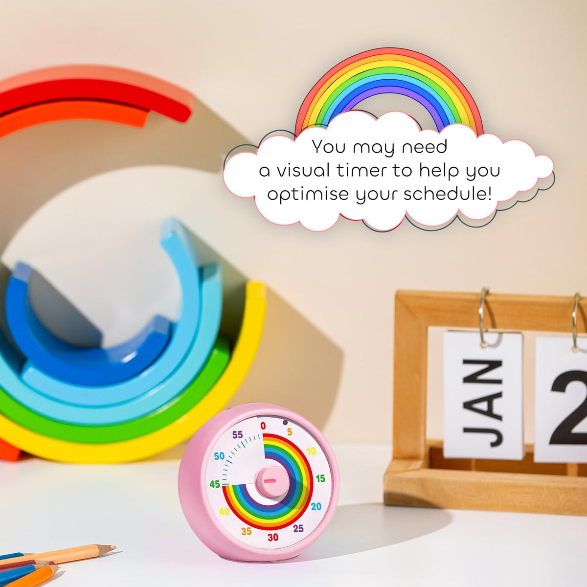 Visual Timer for Kids, 60-Minute Countdown Timer for Classroom Office Kitchen, Desk Timer Kids Time Management Tools with Silent Operation, Pomodoro Time Rainbow Pattern (Orange)