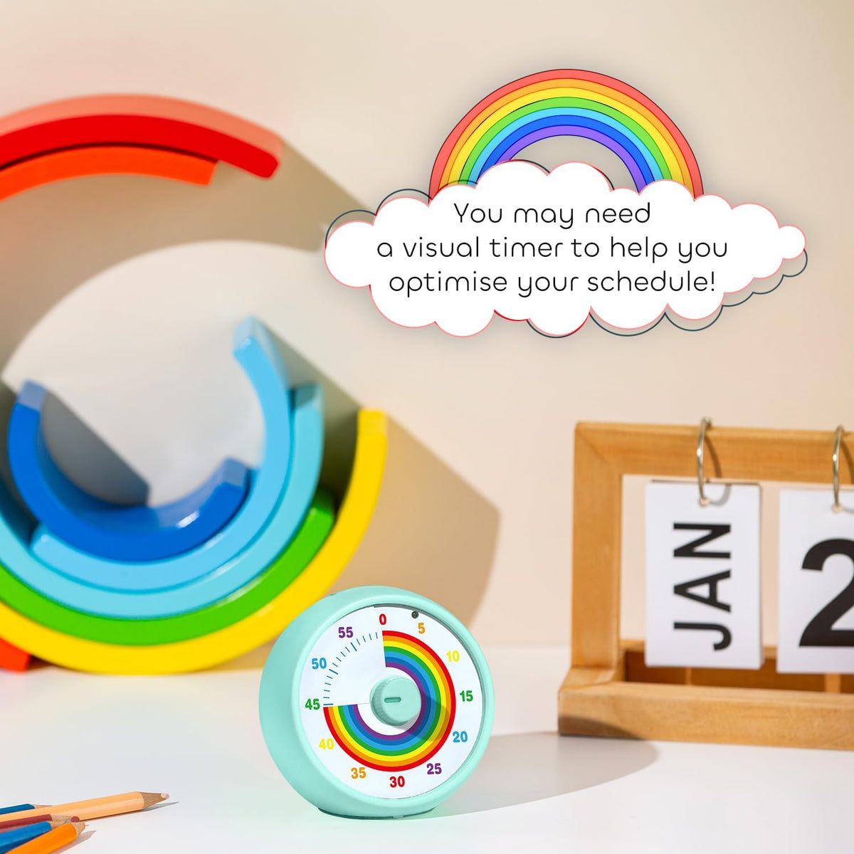 Visual Timer for Kids, 60-Minute Countdown Timer for Classroom Office Kitchen, Desk Timer Kids Time Management Tools with Silent Operation, Pomodoro Time Rainbow Pattern (Orange)