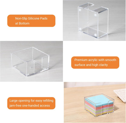 3x3 Inch Sticky Note Holder Post It Note Holder No Slip Base and Shatterproof Acrylic for One-Handed Operation, Perfect for Office Supplies, Home Fridge Memo, or Reception Desk