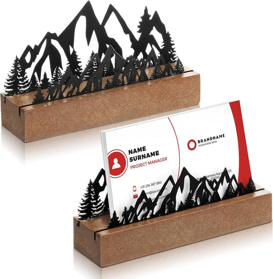 2 Pcs Mountain Business Card Holders for Desk, Wood Metal