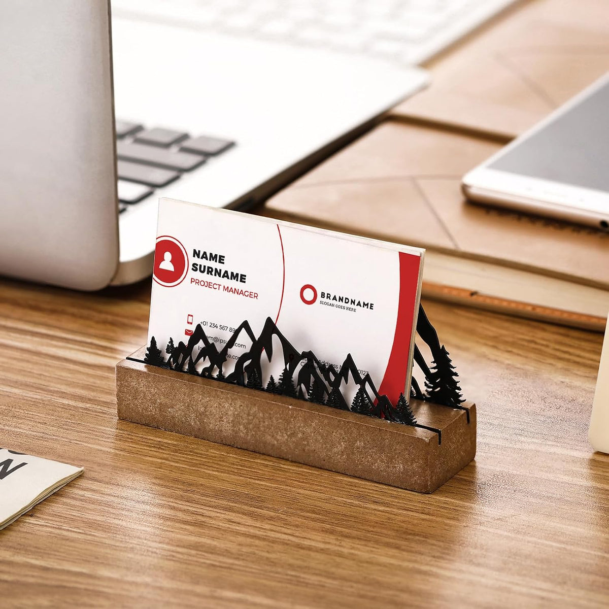 2 Pcs Mountain Business Card Holders for Desk, Wood Metal