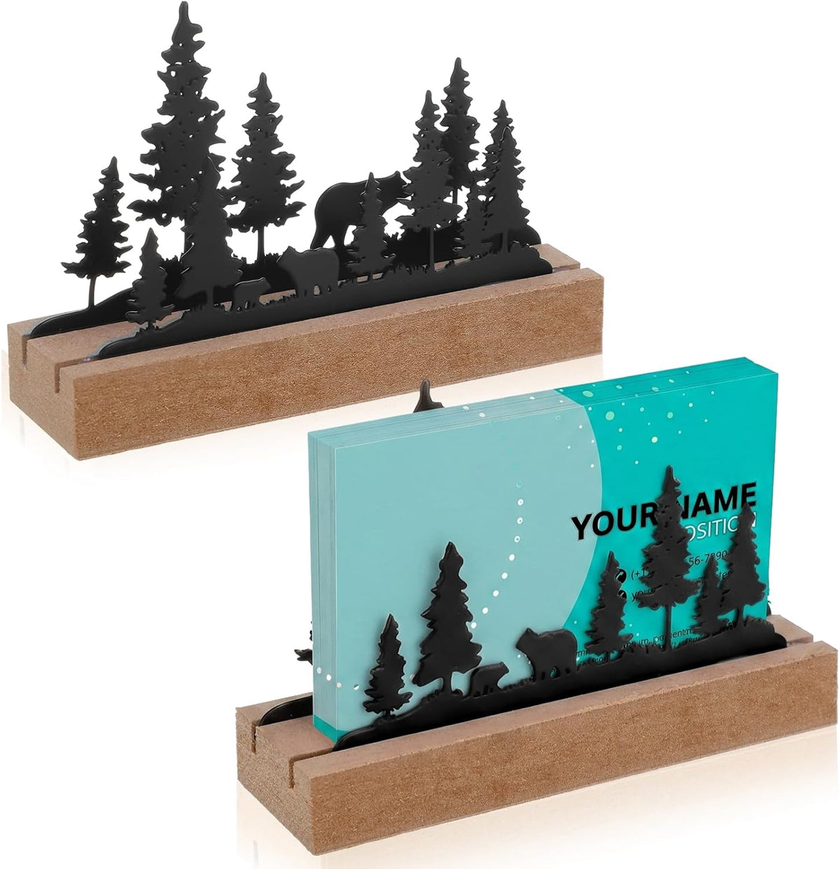 2 Pcs Mountain Business Card Holders for Desk, Wood Metal