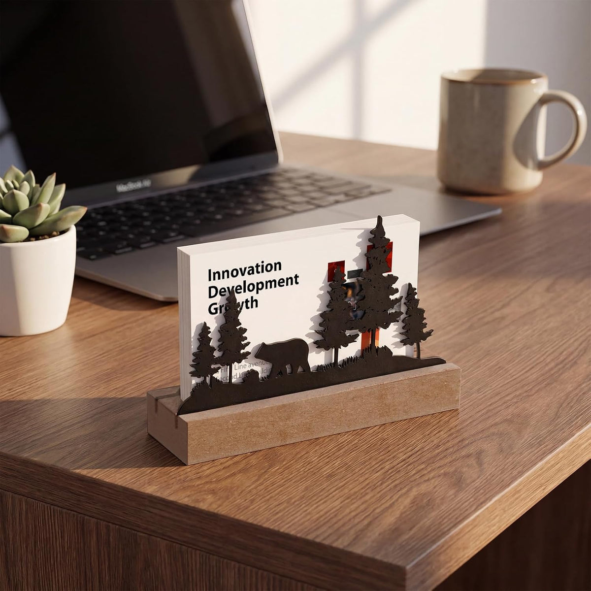 2 Pcs Mountain Business Card Holders for Desk, Wood Metal