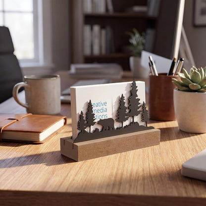 2 Pcs Mountain Business Card Holders for Desk, Wood Metal