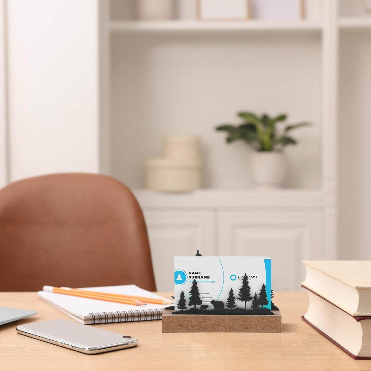 2 Pcs Mountain Business Card Holders for Desk, Wood Metal