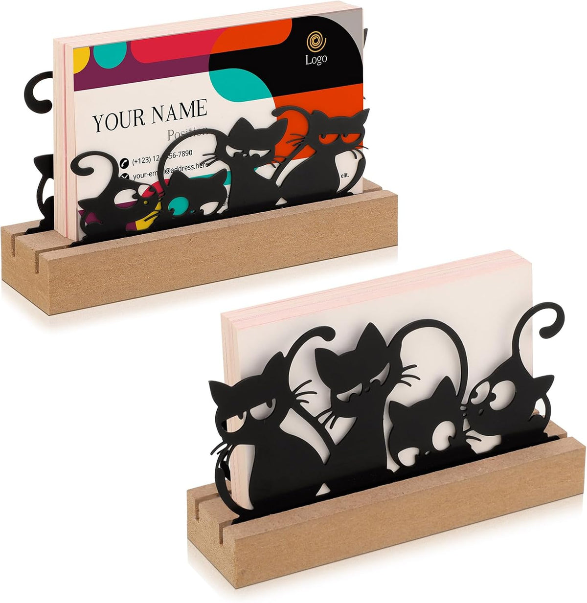 2 Pcs Mountain Business Card Holders for Desk, Wood Metal