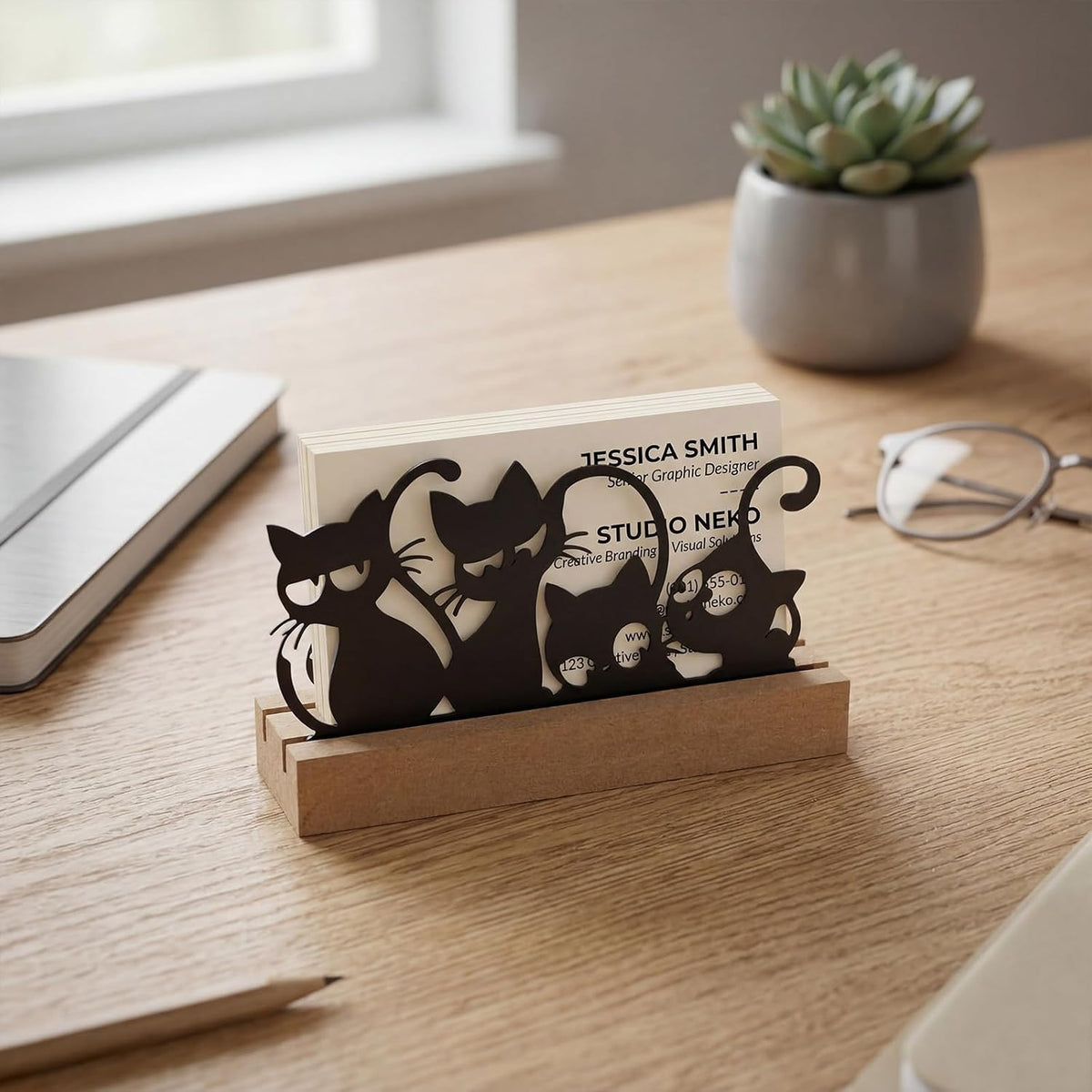 2 Pcs Mountain Business Card Holders for Desk, Wood Metal