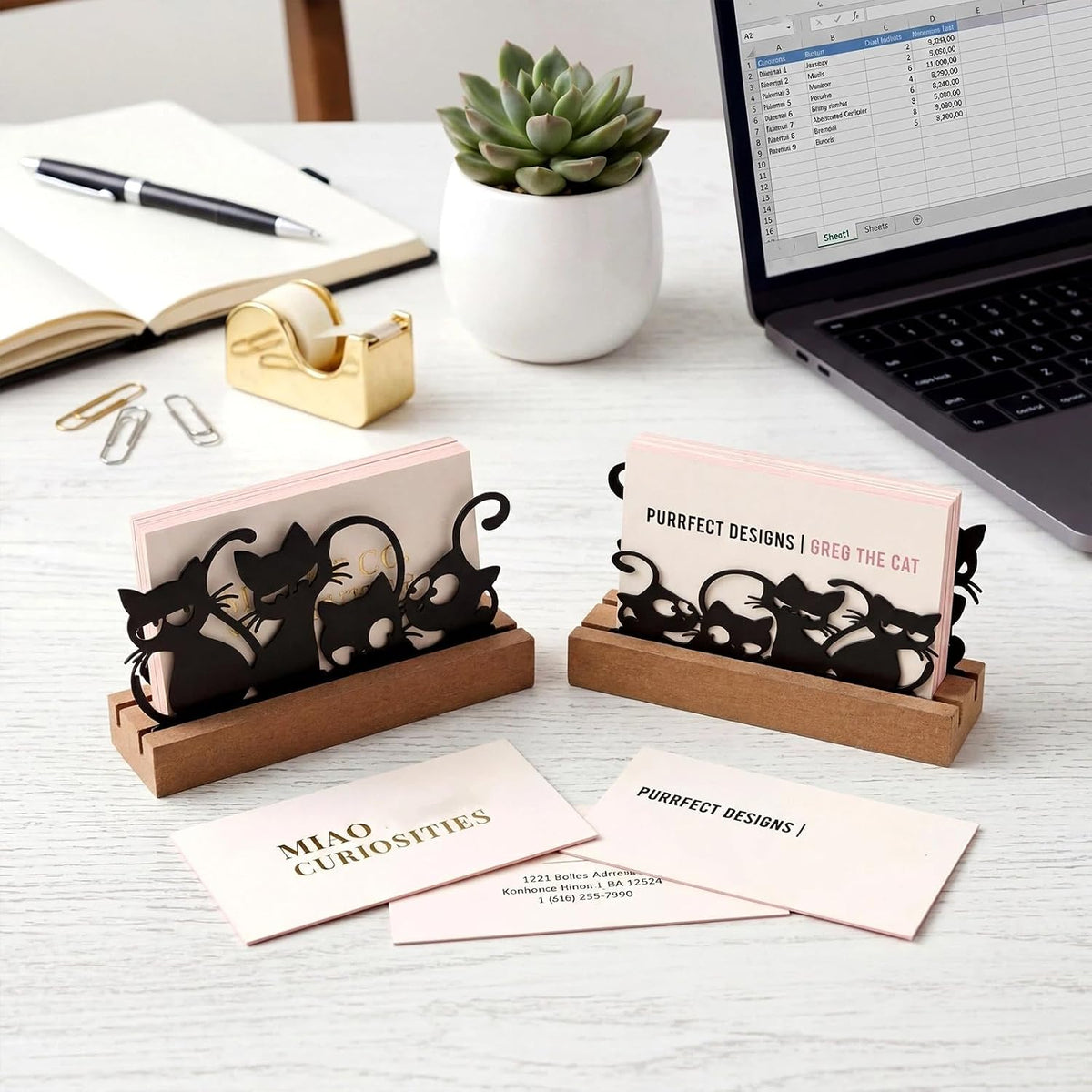 2 Pcs Mountain Business Card Holders for Desk, Wood Metal