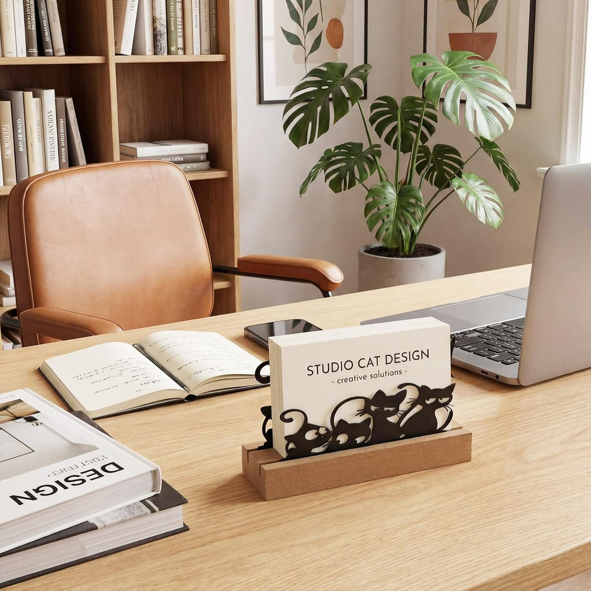 2 Pcs Mountain Business Card Holders for Desk, Wood Metal