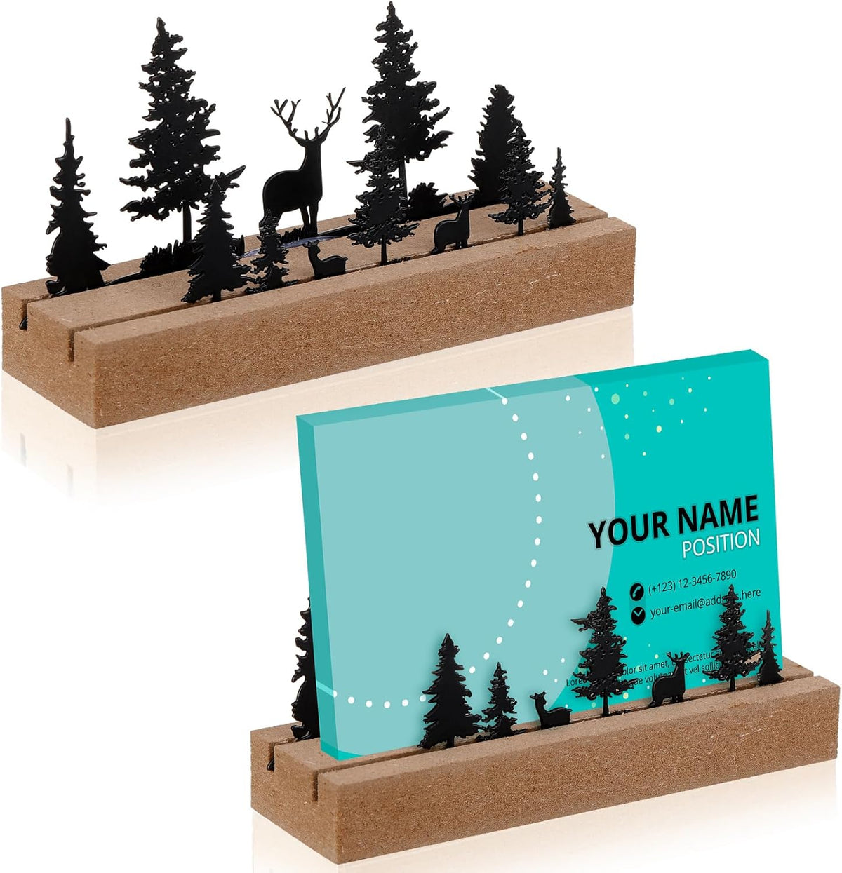 2 Pcs Mountain Business Card Holders for Desk, Wood Metal