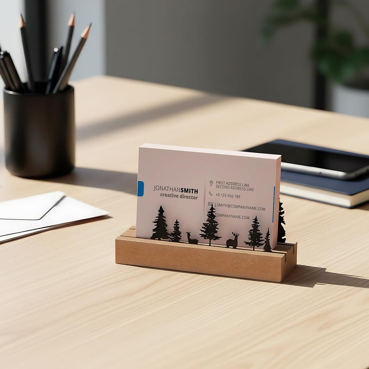 2 Pcs Mountain Business Card Holders for Desk, Wood Metal