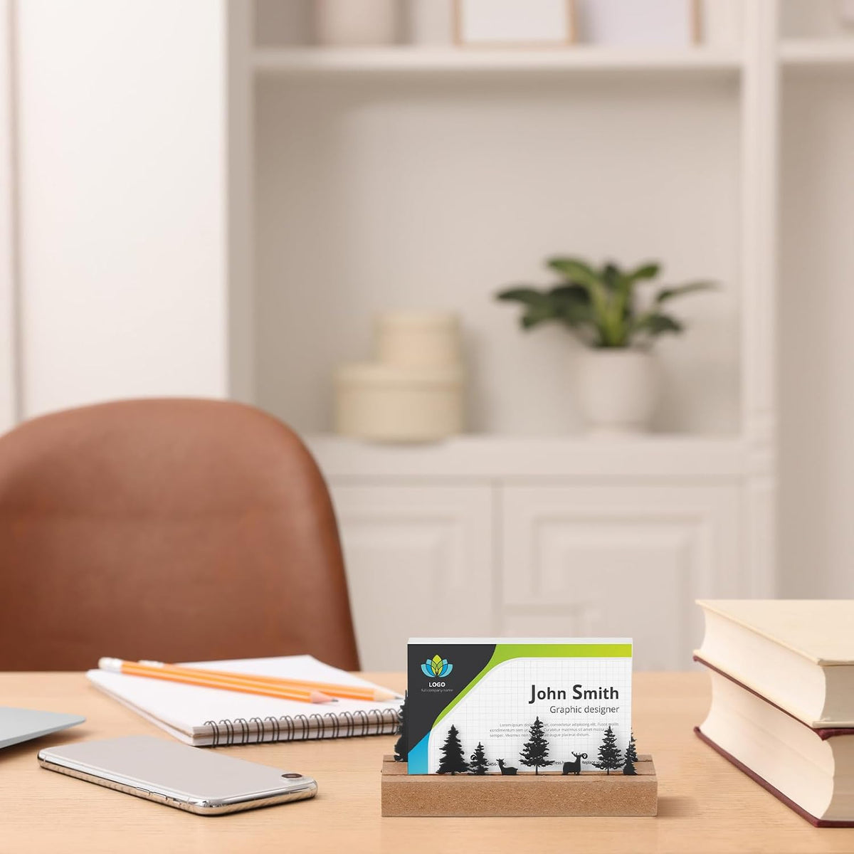 2 Pcs Mountain Business Card Holders for Desk, Wood Metal