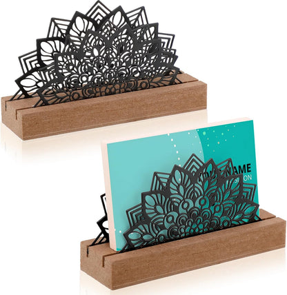 2 Pcs Mountain Business Card Holders for Desk, Wood Metal