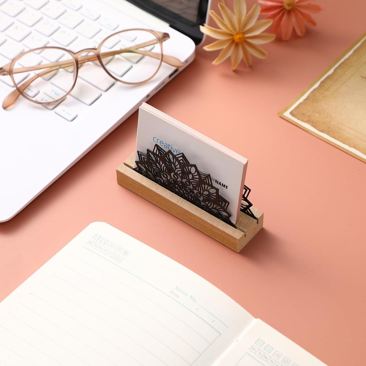 2 Pcs Mountain Business Card Holders for Desk, Wood Metal