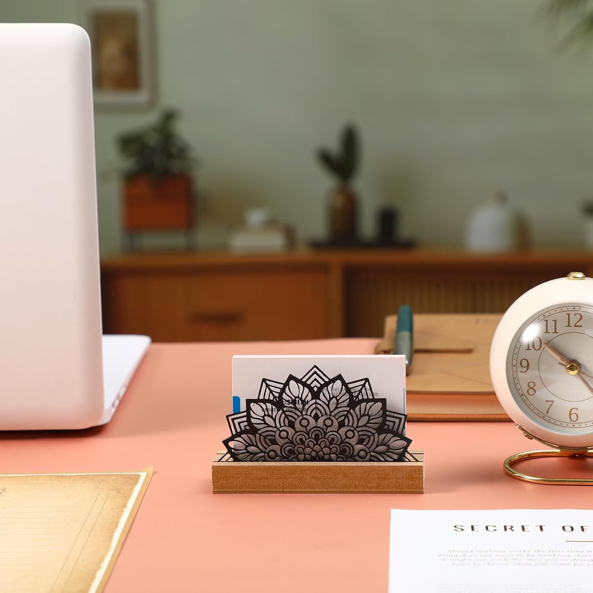 2 Pcs Mountain Business Card Holders for Desk, Wood Metal