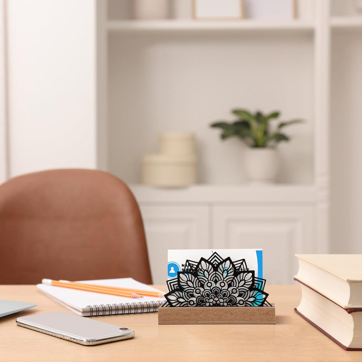 2 Pcs Mountain Business Card Holders for Desk, Wood Metal