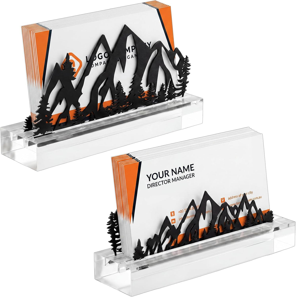 2 Pcs Mountain Business Card Holders for Desk, Wood Metal