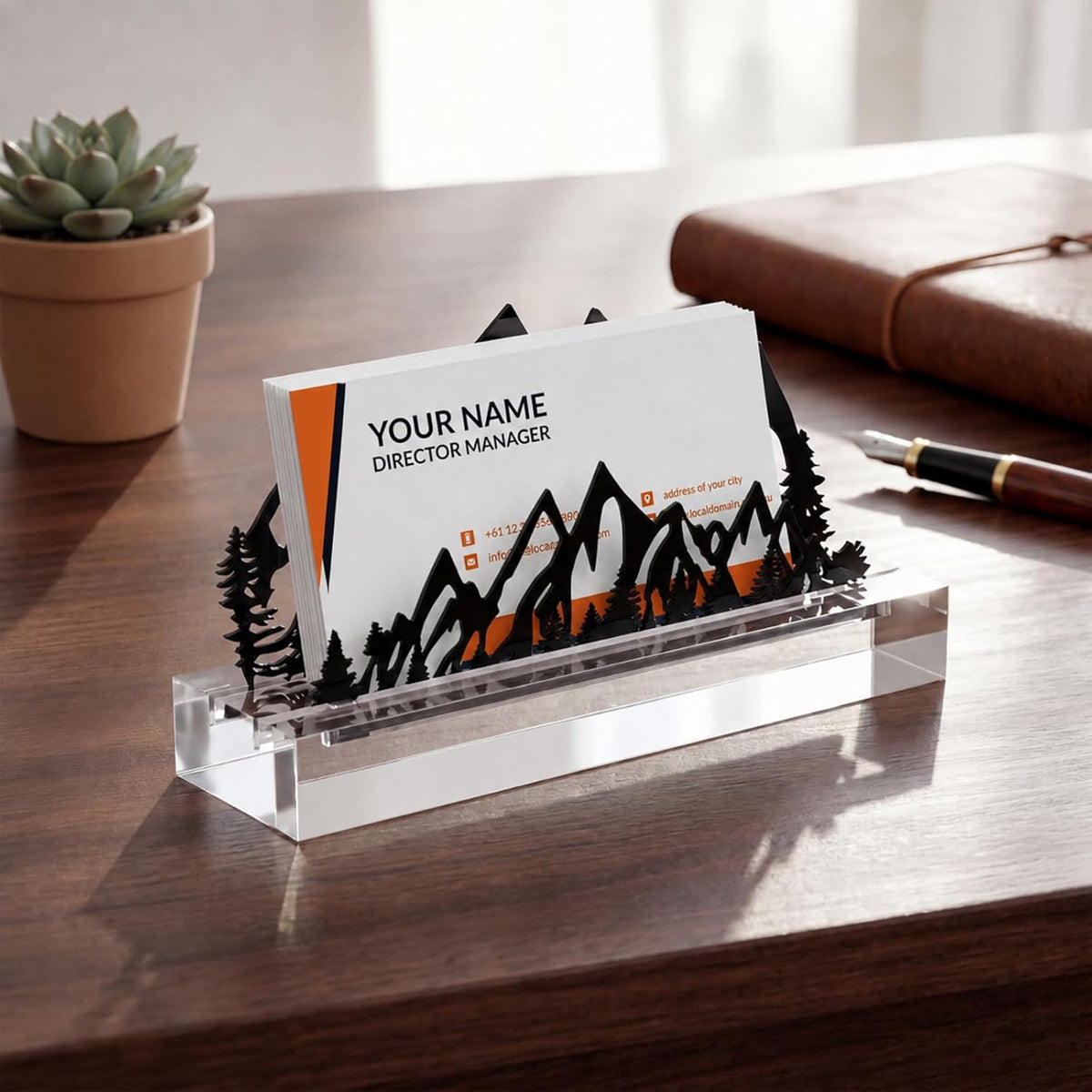 2 Pcs Mountain Business Card Holders for Desk, Wood Metal