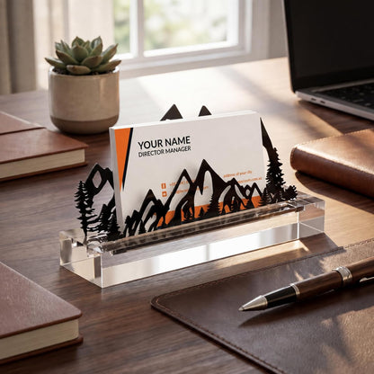 2 Pcs Mountain Business Card Holders for Desk, Wood Metal