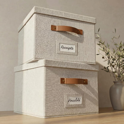 Decorative File Organizer Box Set of 2 - Collapsible Linen Filing Cabinets