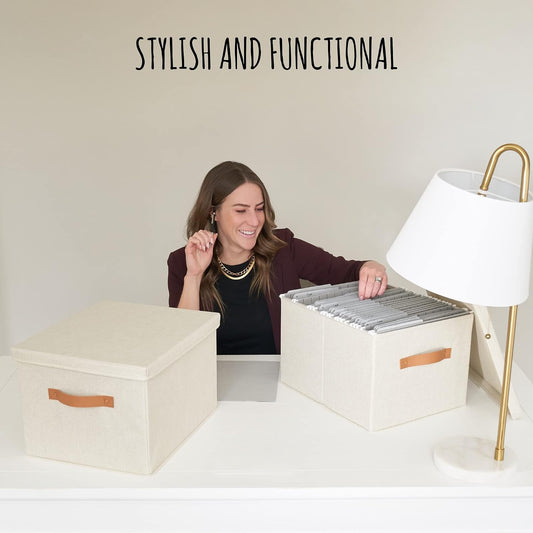Decorative File Organizer Box Set of 2 - Collapsible Linen Filing Cabinets