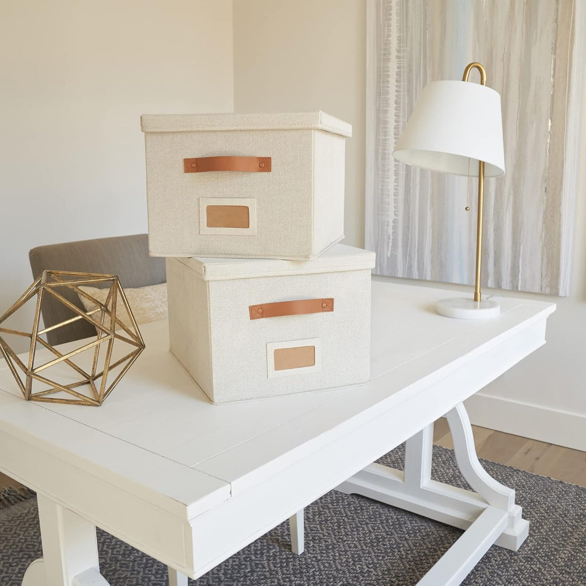 Decorative File Organizer Box Set of 2 - Collapsible Linen Filing Cabinets