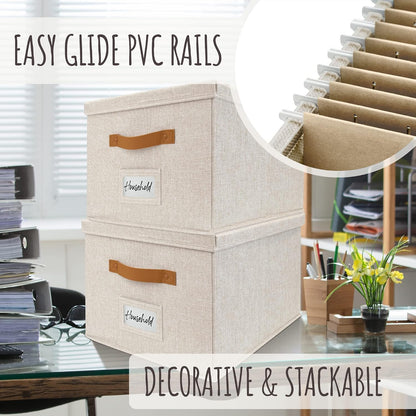Decorative File Organizer Box Set of 2 - Collapsible Linen Filing Cabinets