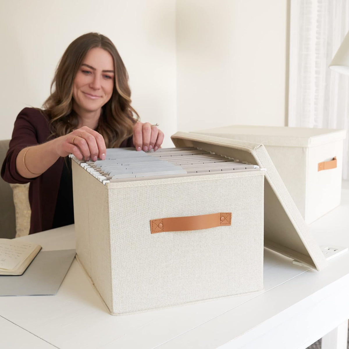 Decorative File Organizer Box Set of 2 - Collapsible Linen Filing Cabinets
