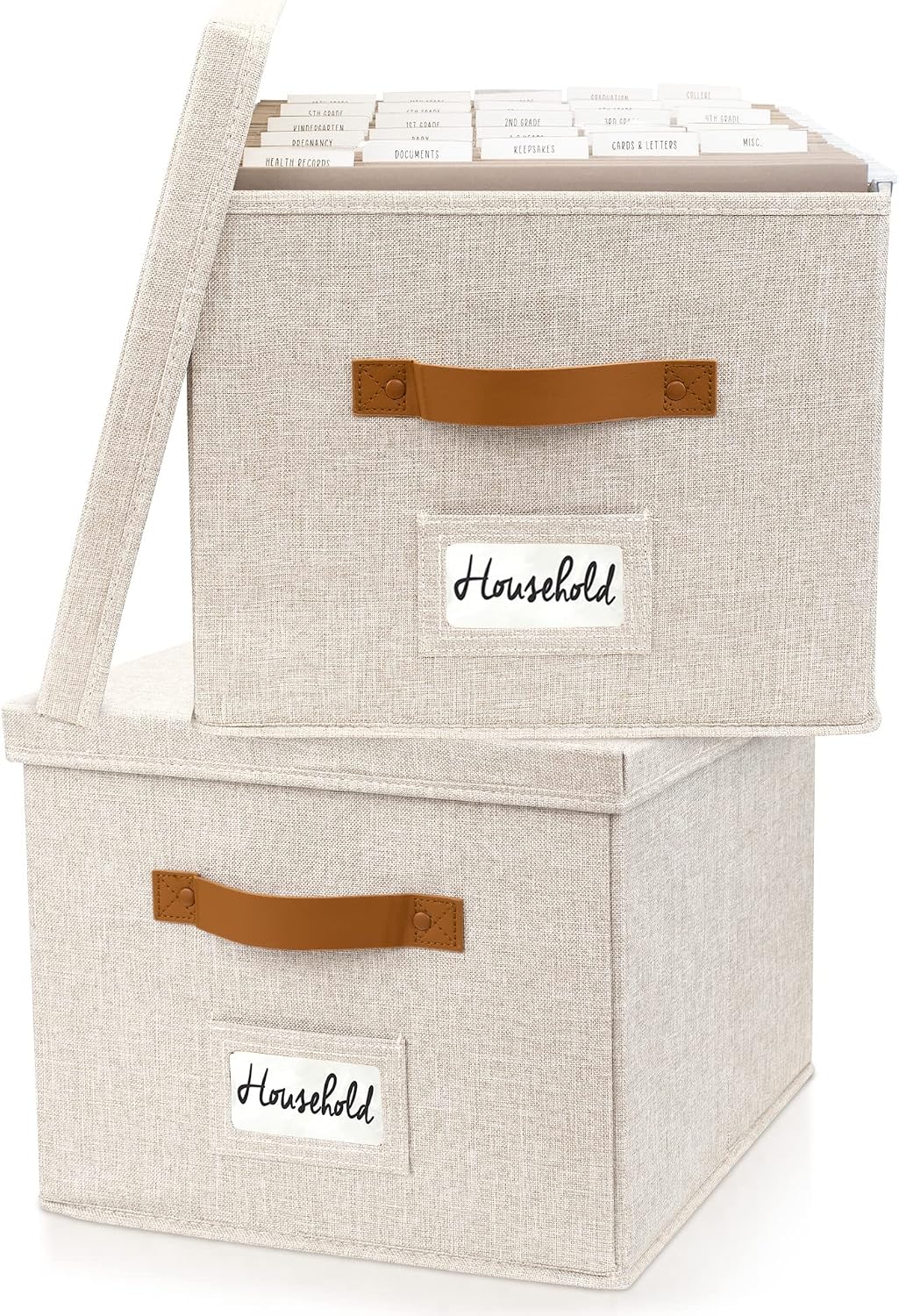 Decorative File Organizer Box Set of 2 - Collapsible Linen Filing Cabinets
