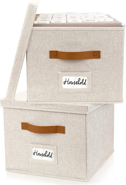Decorative File Organizer Box Set of 2 - Collapsible Linen Filing Cabinets