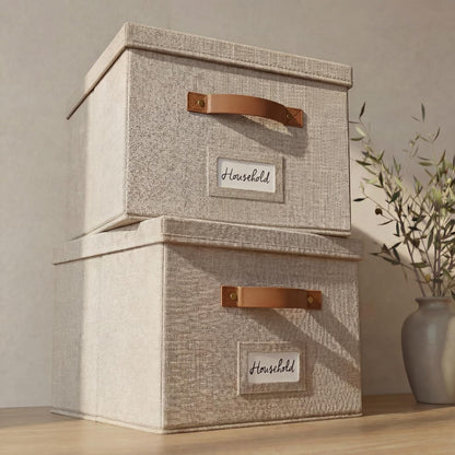 Decorative File Organizer Box Set of 2 - Collapsible Linen Filing Cabinets