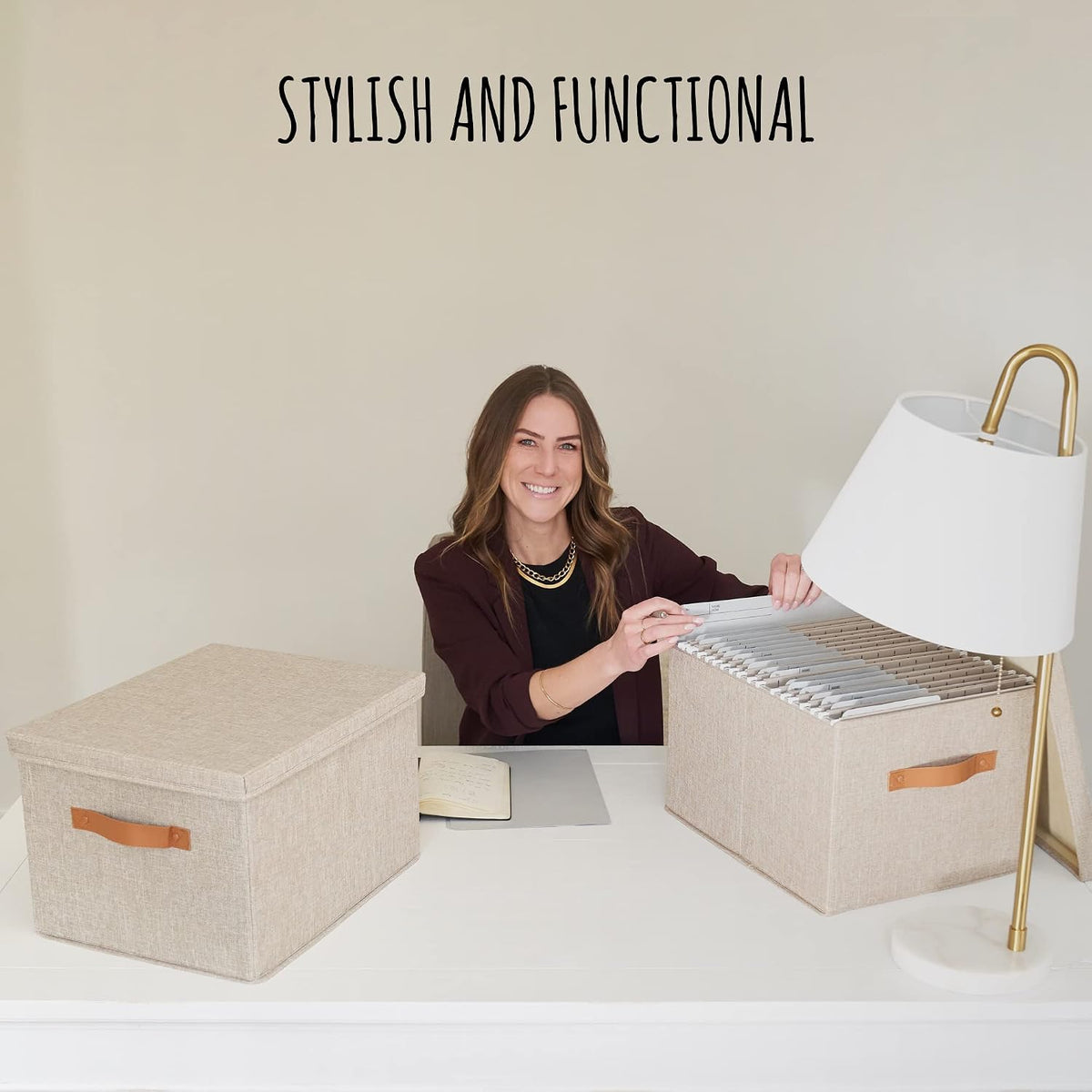 Decorative File Organizer Box Set of 2 - Collapsible Linen Filing Cabinets