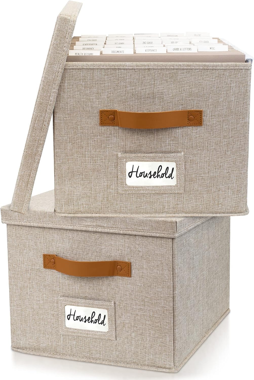 Decorative File Organizer Box Set of 2 - Collapsible Linen Filing Cabinets