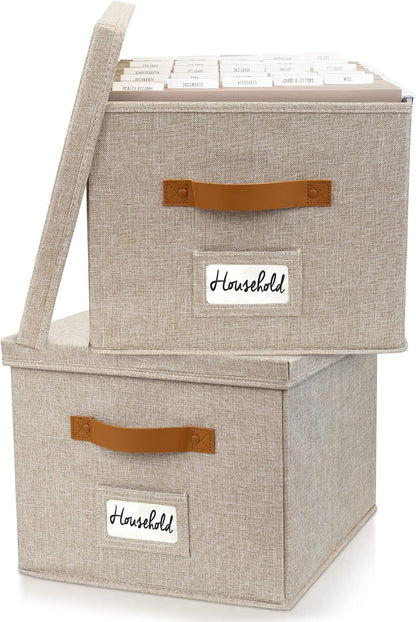 Decorative File Organizer Box Set of 2 - Collapsible Linen Filing Cabinets