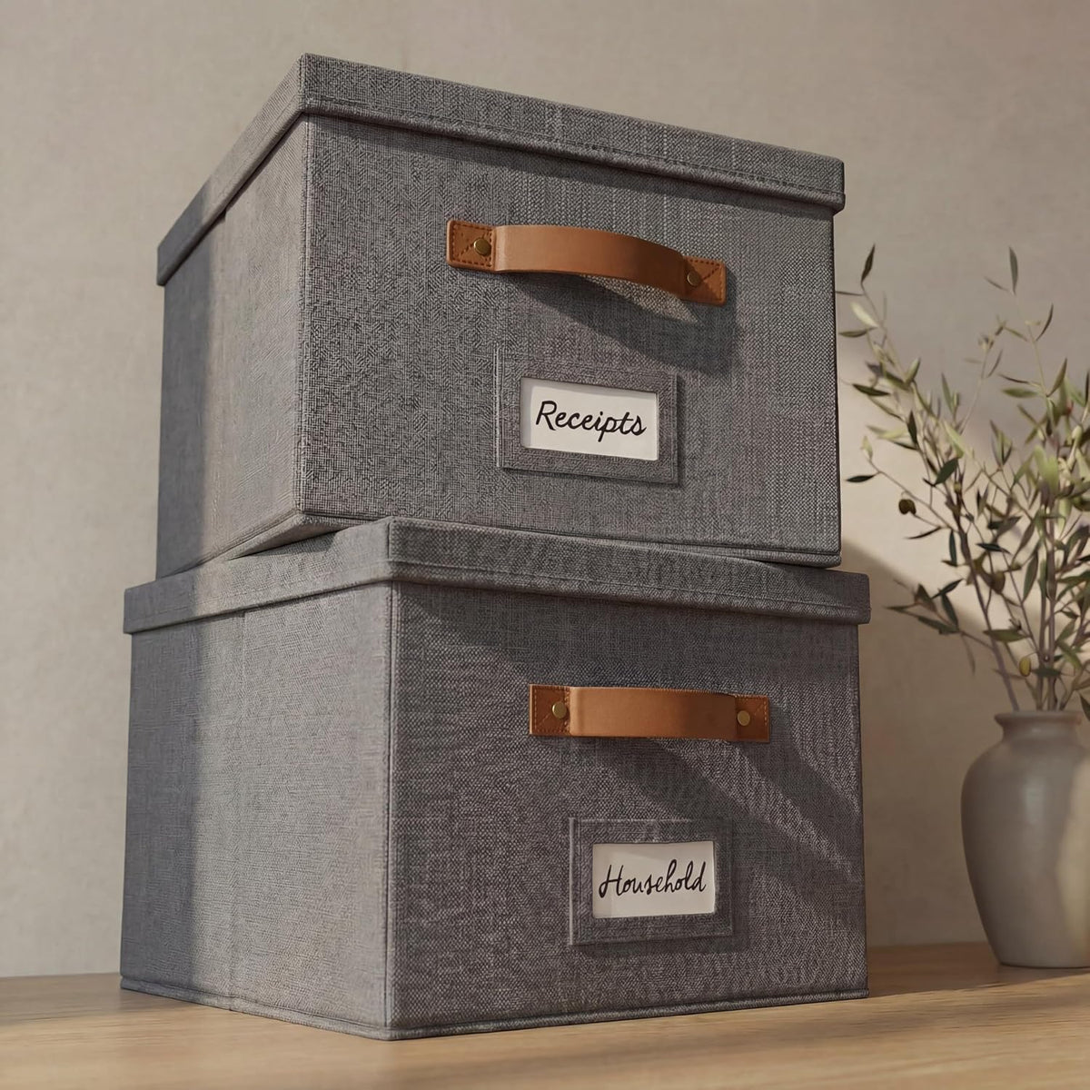 Decorative File Organizer Box Set of 2 - Collapsible Linen Filing Cabinets