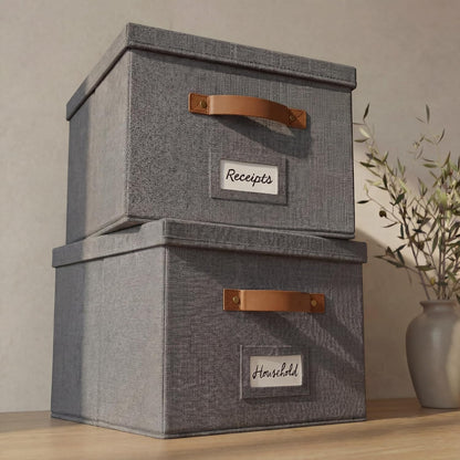 Decorative File Organizer Box Set of 2 - Collapsible Linen Filing Cabinets