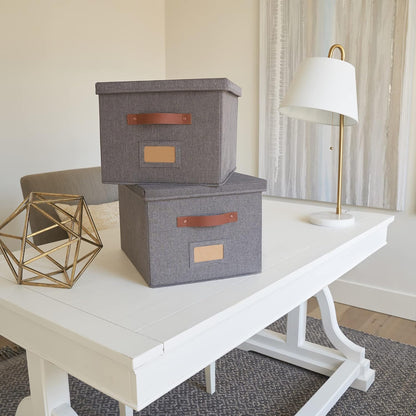 Decorative File Organizer Box Set of 2 - Collapsible Linen Filing Cabinets