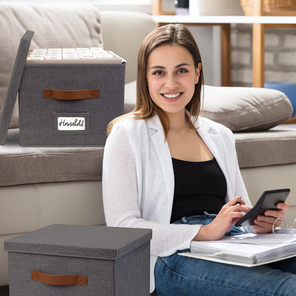 Decorative File Organizer Box Set of 2 - Collapsible Linen Filing Cabinets
