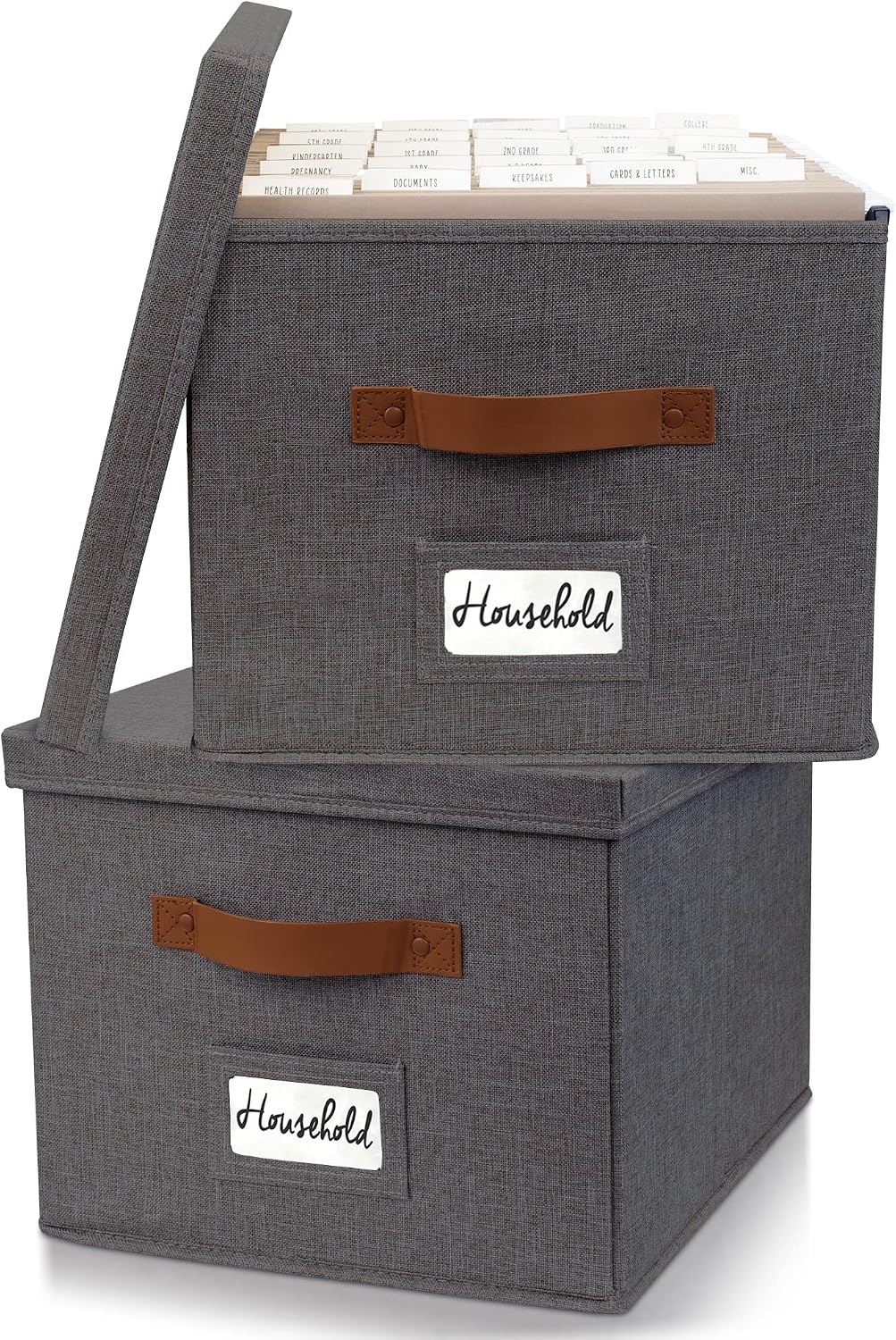 Decorative File Organizer Box Set of 2 - Collapsible Linen Filing Cabinets