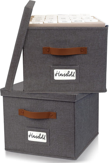 Decorative File Organizer Box Set of 2 - Collapsible Linen Filing Cabinets