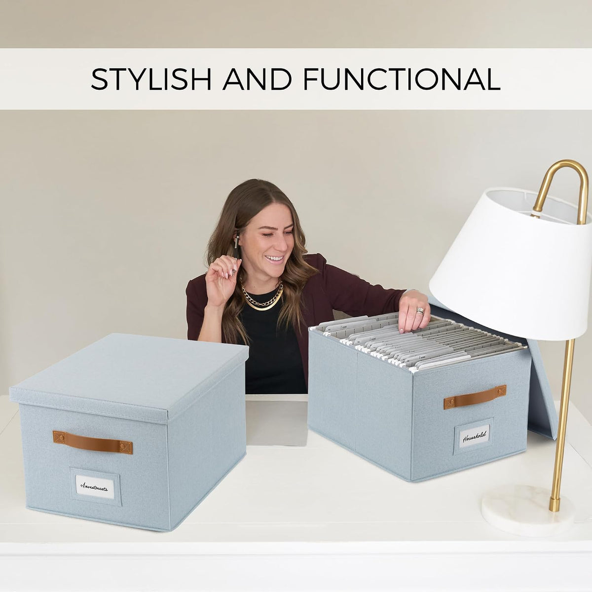 Decorative File Organizer Box Set of 2 - Collapsible Linen Filing Cabinets