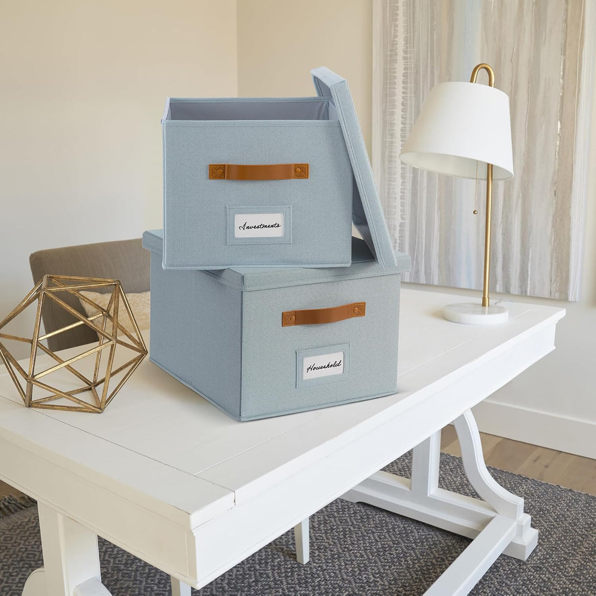 Decorative File Organizer Box Set of 2 - Collapsible Linen Filing Cabinets