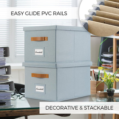 Decorative File Organizer Box Set of 2 - Collapsible Linen Filing Cabinets
