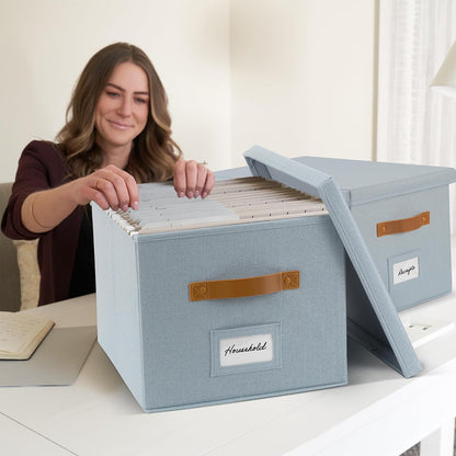 Decorative File Organizer Box Set of 2 - Collapsible Linen Filing Cabinets